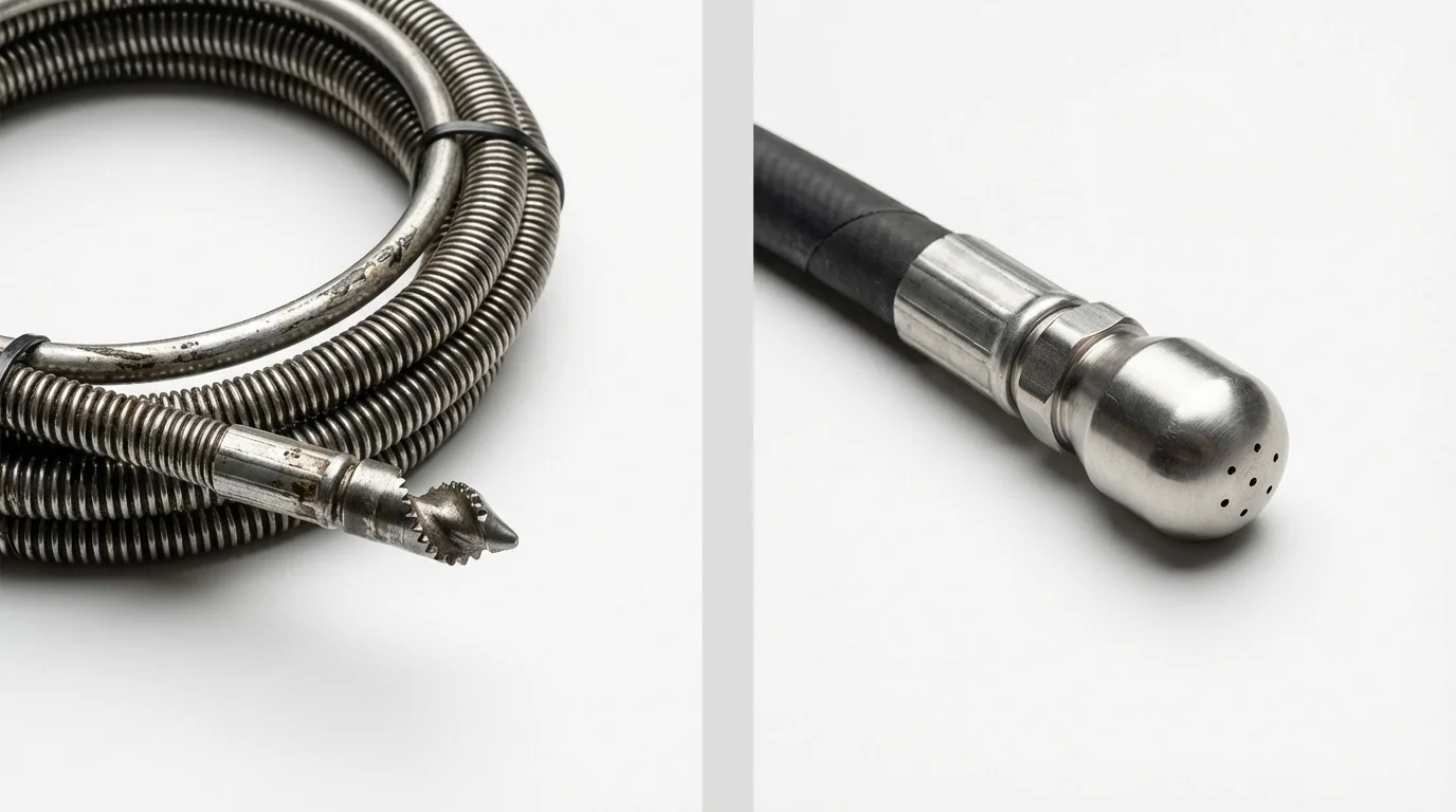 Drain snake cable and hydro jetting nozzle used for drain cleaning in Claremont, NC