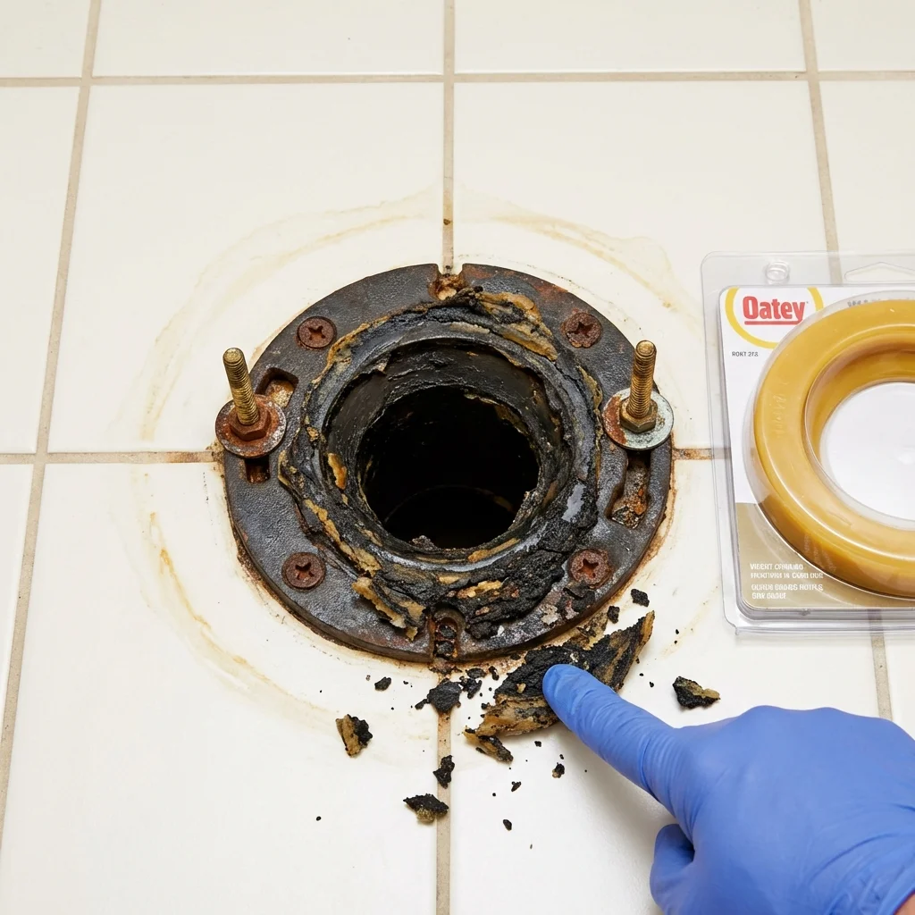 Failed wax ring showing water seepage at the base of a toilet in a Claremont, NC home