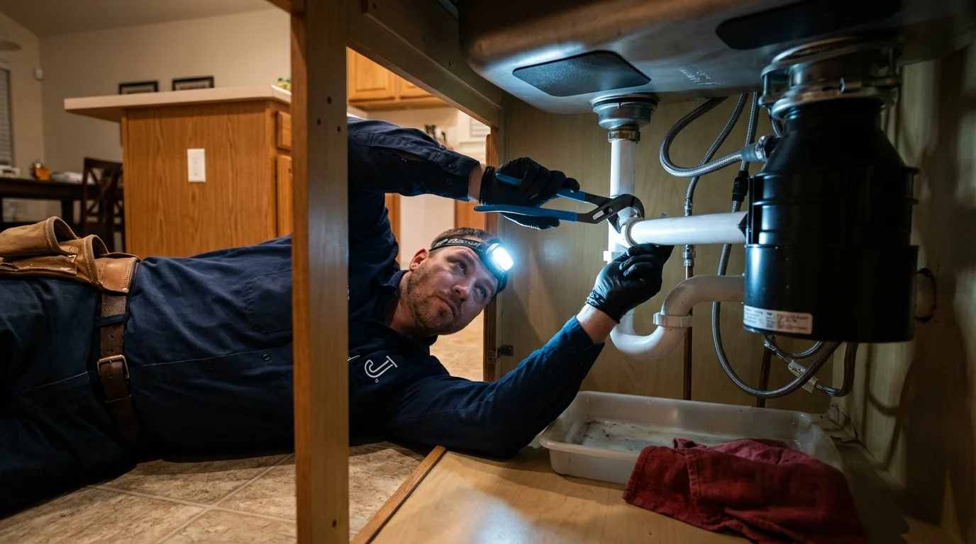 P-trap and supply line connections under a kitchen sink showing a common leak point in Claremont, NC